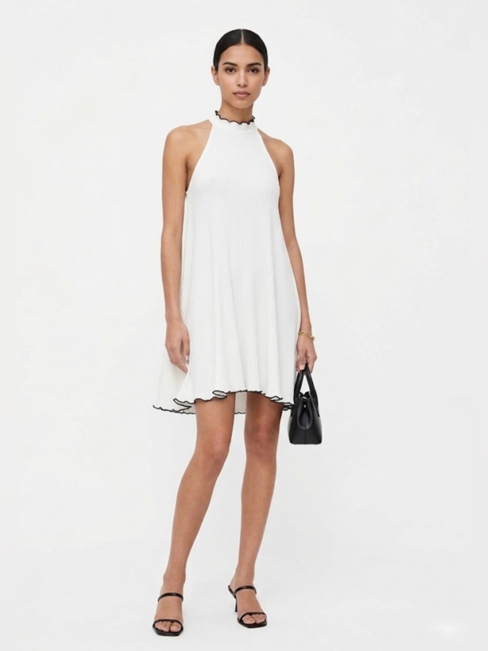 Zara Trafaluc Ribbed Mini Dress White Black Lettuce Trim Size L Quiet Luxury